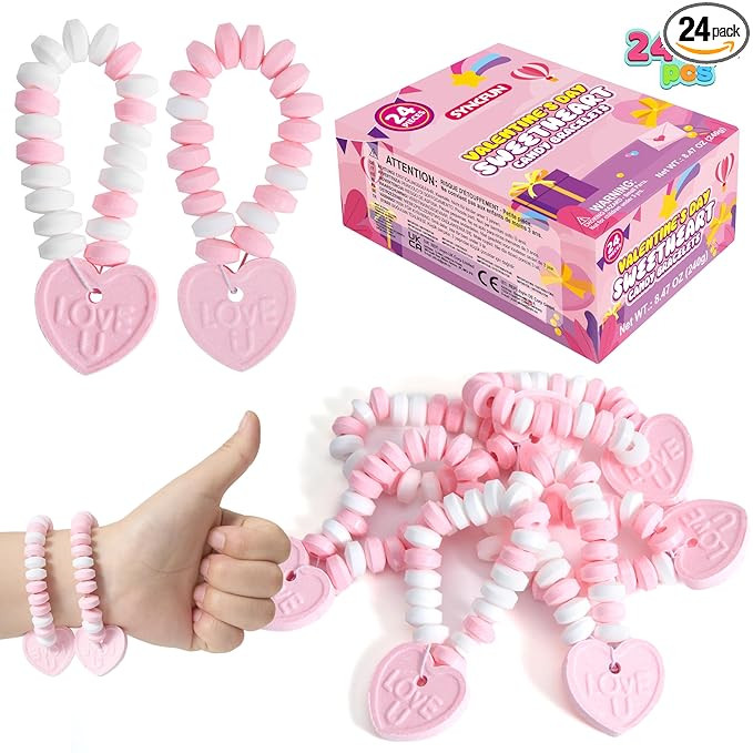 SYNCFUN 24PCS Valentines Day Candy Bracelets, Color Candy Individually Wrapped, Snacks Tiny Class... | Amazon (US)