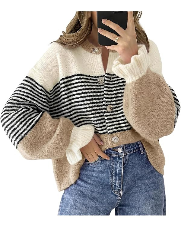 Saodimallsu Womens 2026 Fall Trendy Striped Cardigan Sweaters Ruffle Sleeve Button Up Loose Color... | Amazon (US)