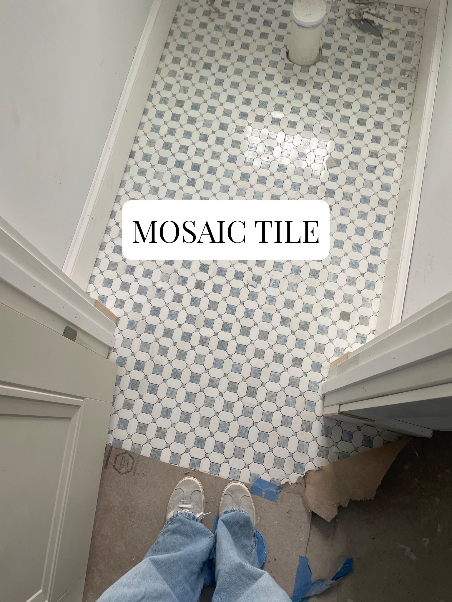 Beautiful marble white and blue mosaic tile from my guest room #interiordesign #tile #marble #bathroomdesign 