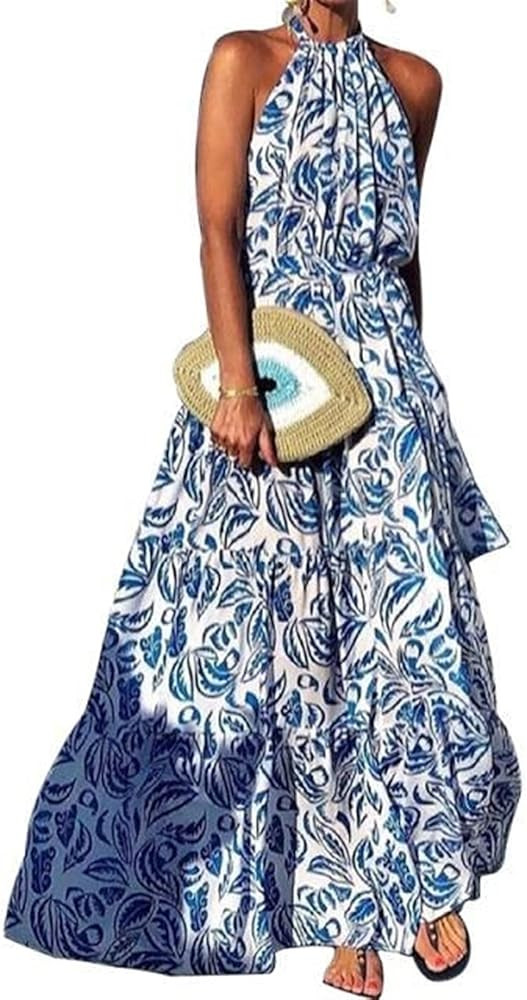 Women's Dresses Women Dress Halter Neck Boho Floral Print Sleeveless Casual High Waist Maxi Long ... | Amazon (US)