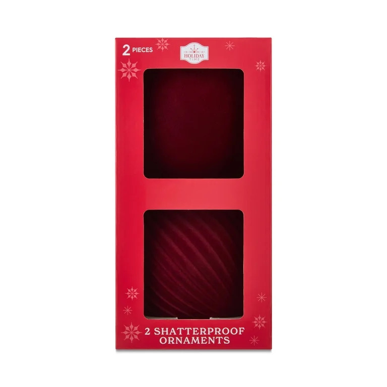 2 Count Dark Red Velvet-Feel Jumbo Shatterproof Christmas Ornaments, 5.9", by Holiday Time | Walmart (US)