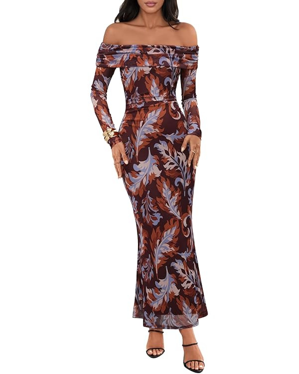 MEROKEETY Women's Fall Off Shoulder Floral Maxi Dresses Formal Long Sleeve Bodycon Cocktail Weddi... | Amazon (US)
