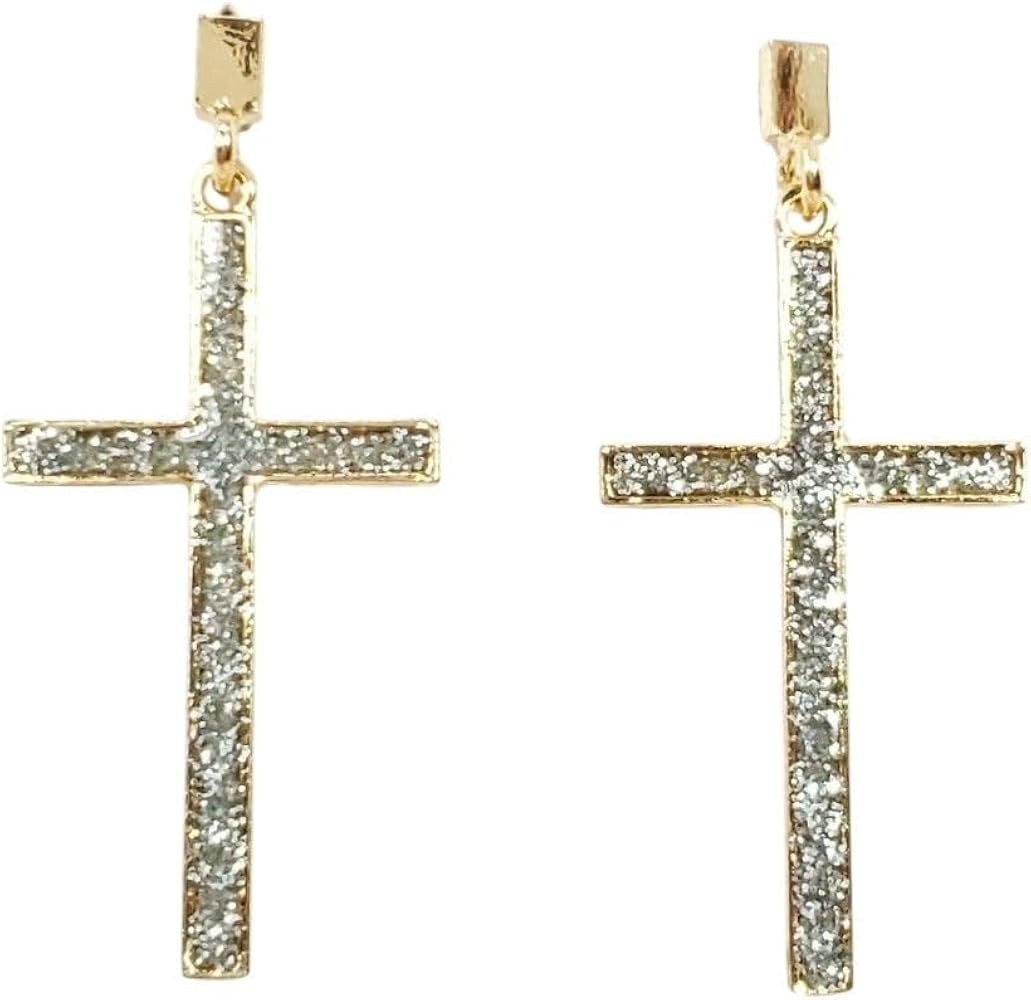 E0456 Gold Tone Base Silver Tone Glitter Mini Cross Drop Dangle Cute Earrings Dainty Earrings for... | Amazon (US)