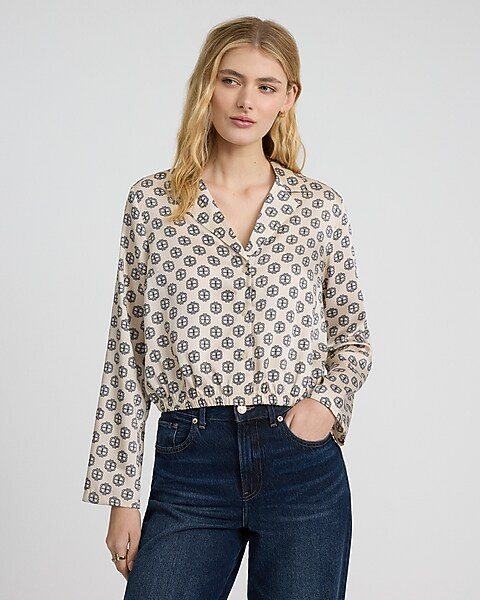 Satin Printed Long Sleeve Elastic Waist Cropped Shirt | Express