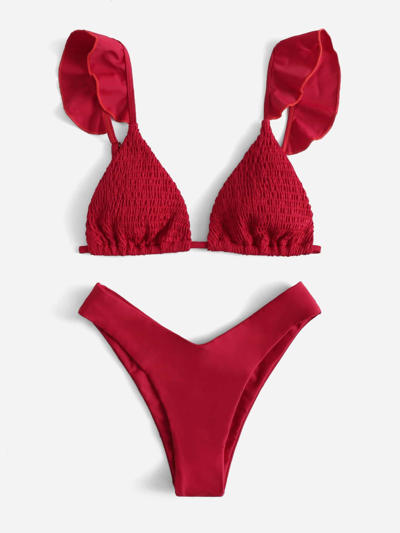 Smocked Ruffle Trim Triangle Bikini Swimsuit | SHEIN