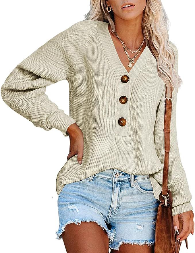 Carryvicty Womens Button Down Knitted Pullover Henley V Neck Sweaters Fall Long Sleeves Sweater | Amazon (US)