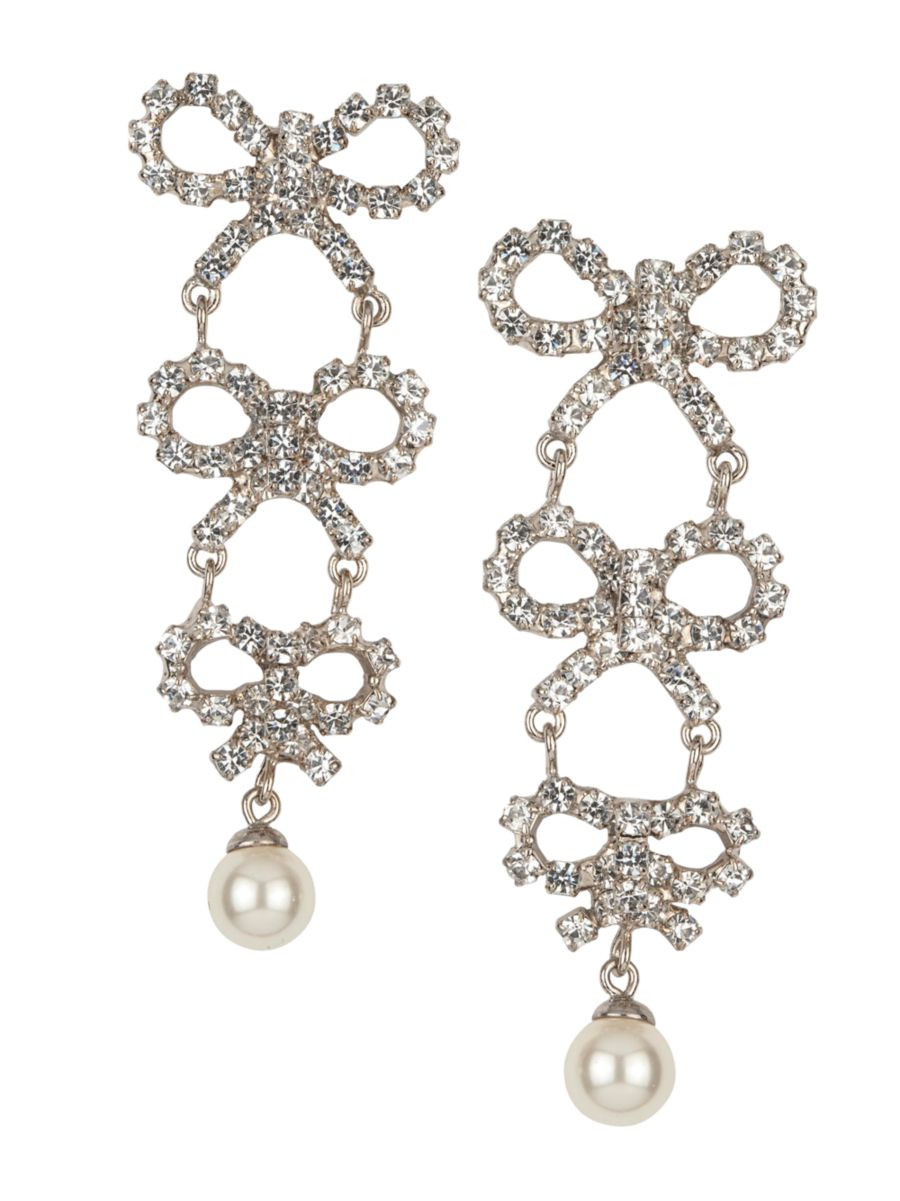 Jennifer Behr Mabel Rhodium-Plated, Glass Crystal, &amp; Faux Pearl Bow Drop Earrings | Saks Fifth Avenue