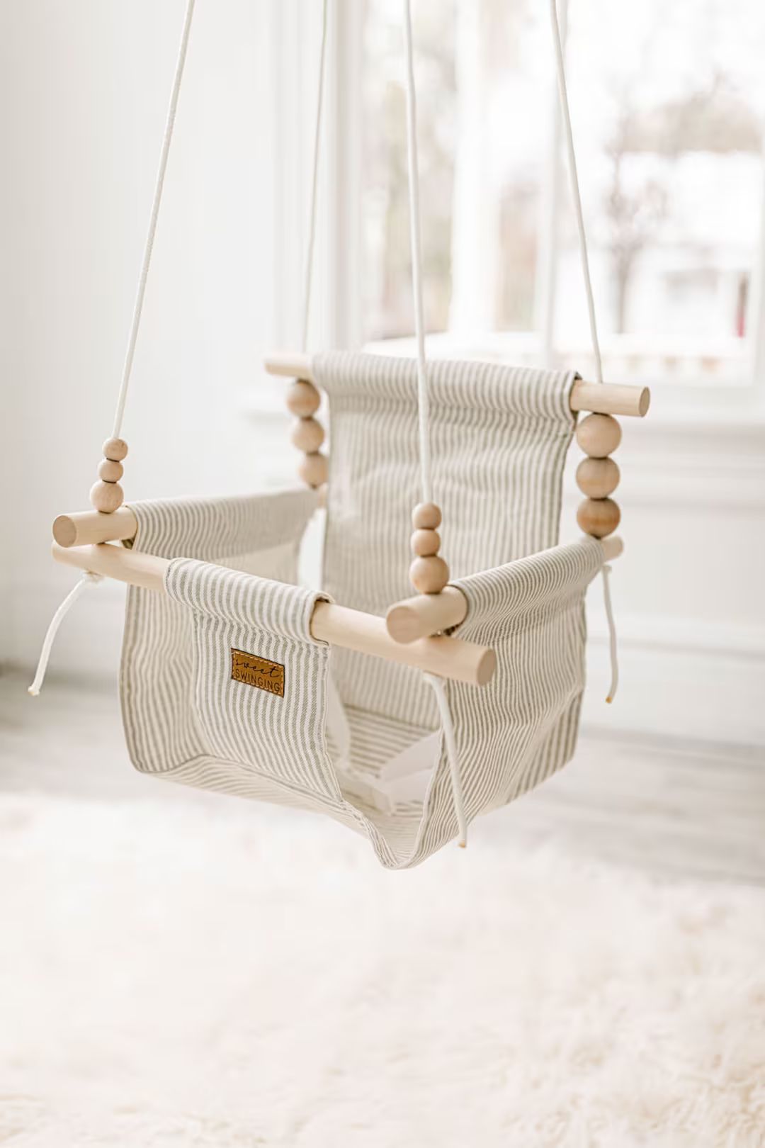 Fabric Baby Swing Greige and White Stripe Nursery Decor Infant Swing Nursery Furniture Baby Showe... | Etsy (US)