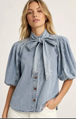Bailey 44 Blue Denim Button Front Bow Tie Collared Puff Sleeve Blouse S | eBay US