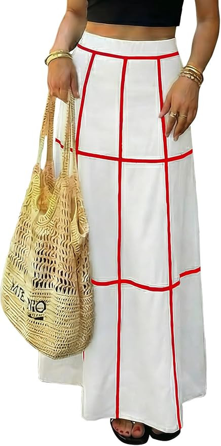 EXLURA Women's Faux Linen Boho Maxi Skirt Grid High Waist Long Flowy Skirts Summer Beach Vacation... | Amazon (US)