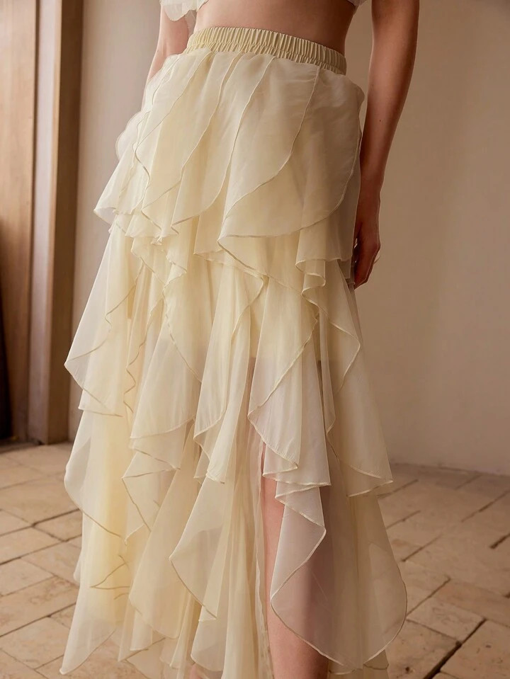 MOTF PREMIUM ORGANZA ASYMMETRICAL RUFFLE HEM SKIRT | SHEIN
