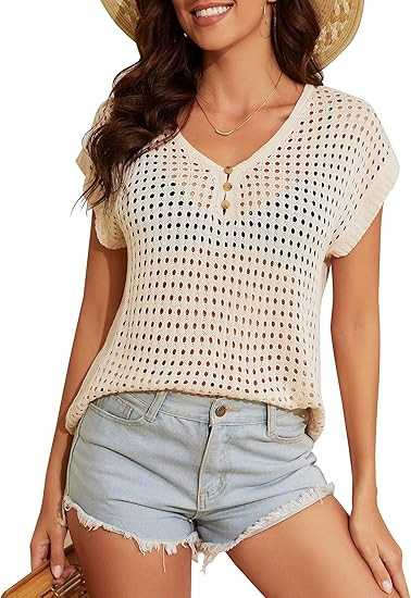 Women's Crochet Tops V Neck Bathing Suit Short Sleeve Cover Ups for Swimwear Hollow Out Swimsuit ... | Amazon (US)