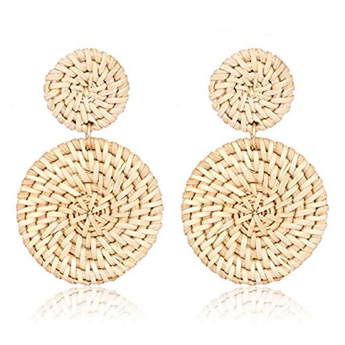 LIAO Jewelry Weave Straw Double Disc Drop Earrings Boho Rattan Dangle Statement Earrings | Amazon (US)