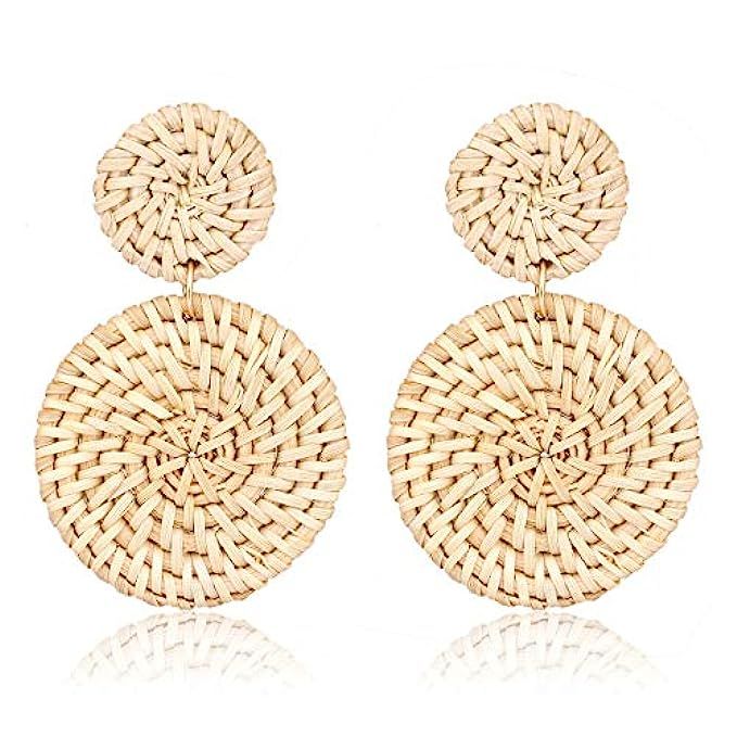 LIAO Jewelry Weave Straw Double Disc Drop Earrings Boho Rattan Dangle Statement Earrings | Amazon (US)