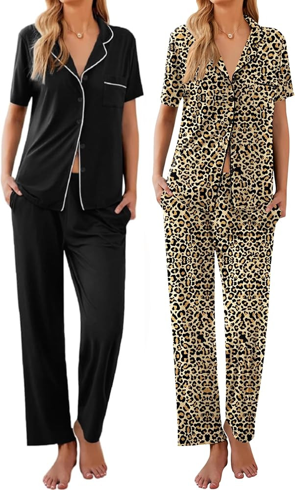 Ekouaer 2 Pack：Womens Pajamas Short Sleeve Pjs Notch Collar Button Up Loungewear Cozy Sleepwear... | Amazon (US)