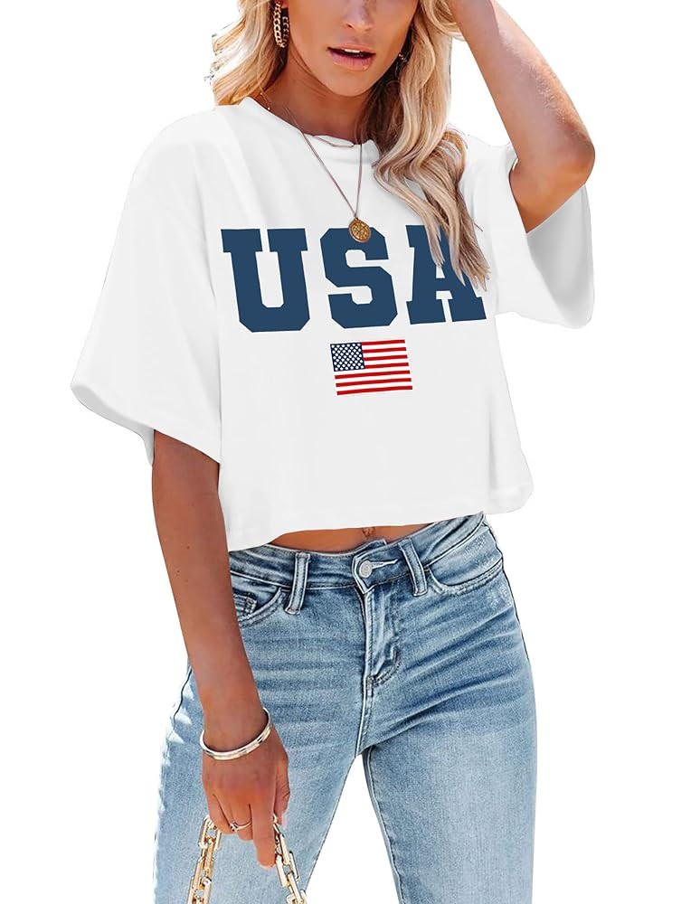 hohololo American Flag Crop Tops Women USA Crop Shirt Patriotic 4th of July Tee Memorial Day Tshi... | Amazon (US)