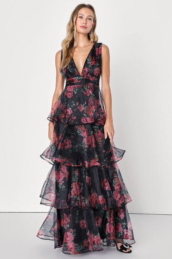 Garden Radiance Black Floral Print Organza Tiered Maxi Dress | Lulus (US)