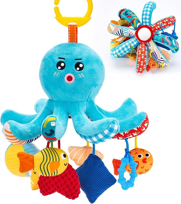 hahaland Baby Toys 0-6 Months - Car Seat Toys Octopus Toy with Pulling Cords, Squeaky, Crinkle, R... | Amazon (US)