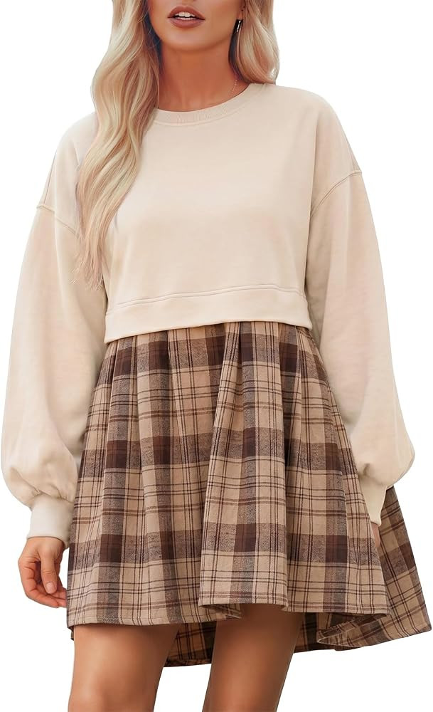 BLENCOT Women's Long Sleeve Fall Baby Doll Dress Plaid Patchwork High Waist Sweatshirt Mini Dress... | Amazon (US)