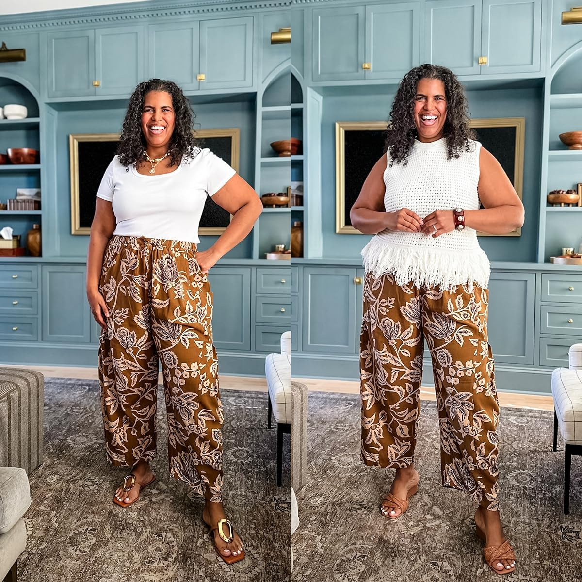 These floral pants are a comfy must have. Size full size down (I’m wearing an xl). Wearing size xxl in square neck top and xl in fringe. #summerstyle #amazonfinds 

 #LTKootd #LTKOver40 #LTKPlusSize