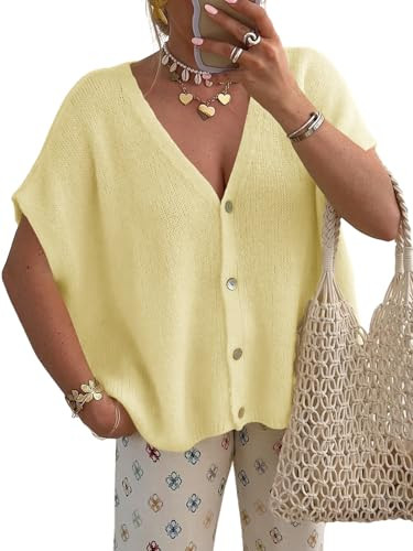 Saodimallsu Womens Summer Oversized Cardigans Batwing Short Sleeve Lightweight Button V Neck Casual Knit Sweater Tops Yellow | Amazon (US)
