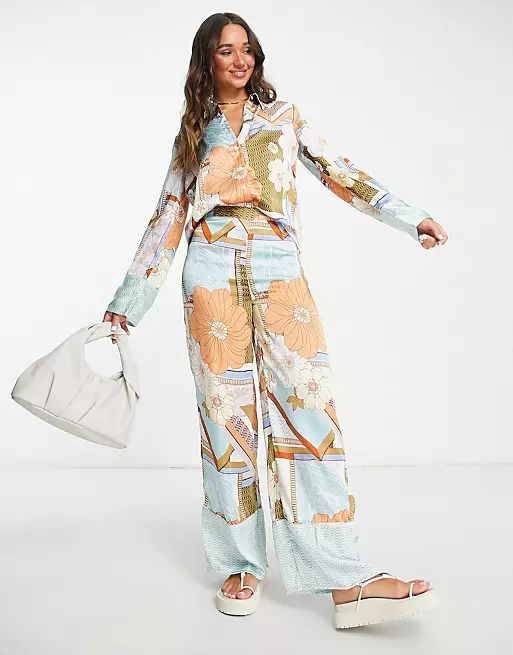 ASOS DESIGN satin pajama set in placement retro floral | ASOS | ASOS (Global)