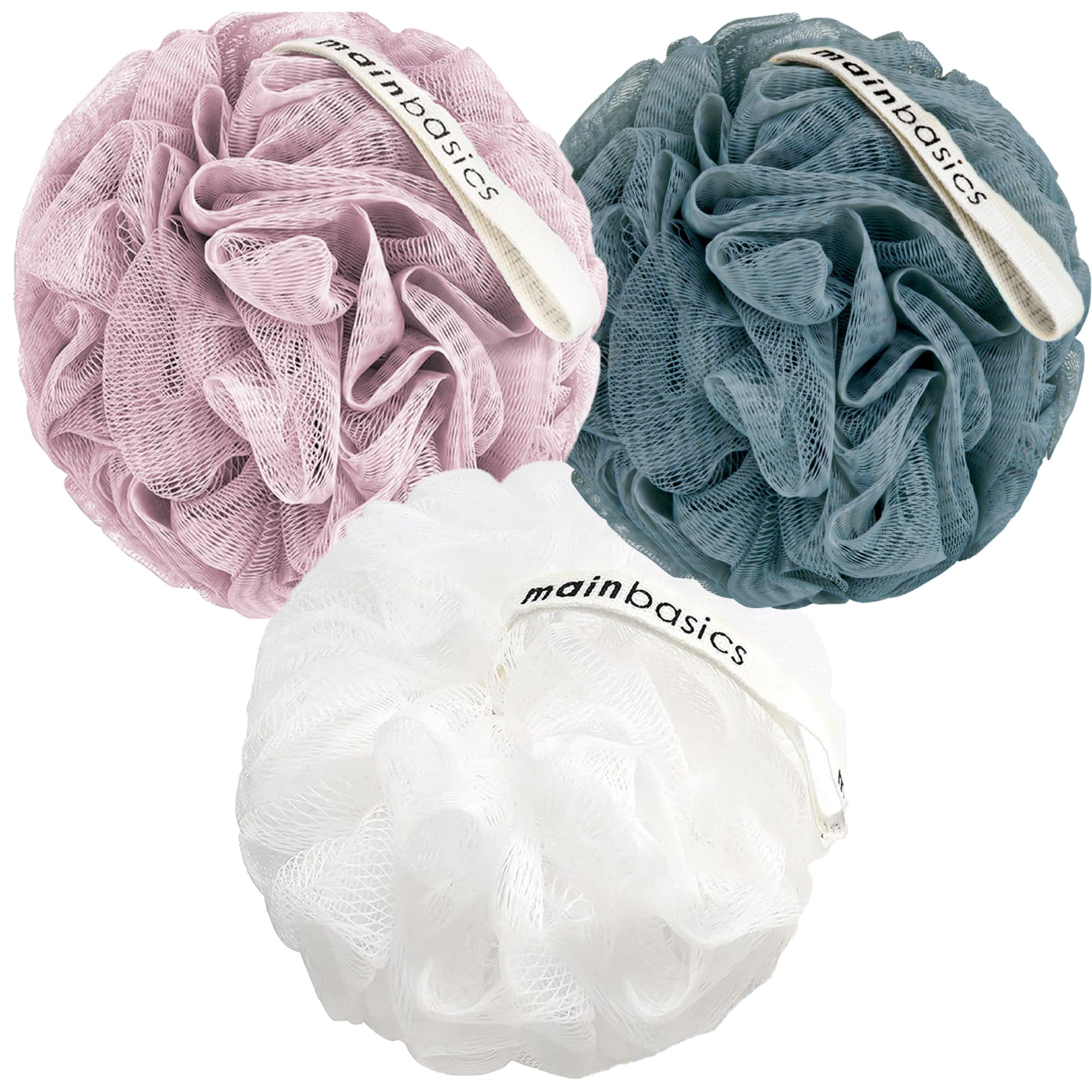 MainBasics Bath Shower Loofah Sponge Pouf Body Scrubber Exfoliator Body Wash Sponge (Set of 3, Airy Blossom) | Amazon (US)
