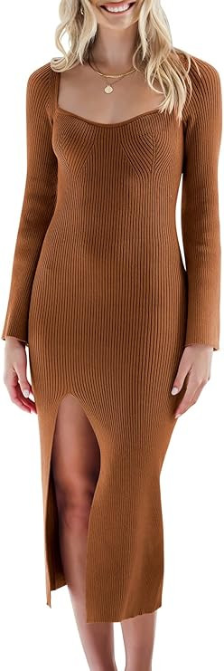 ANRABESS Women's Bell Long Sleeve Sweetheart Neck Slim Fit Ribbed Knit Slit Midi Sweater Dress | Amazon (US)