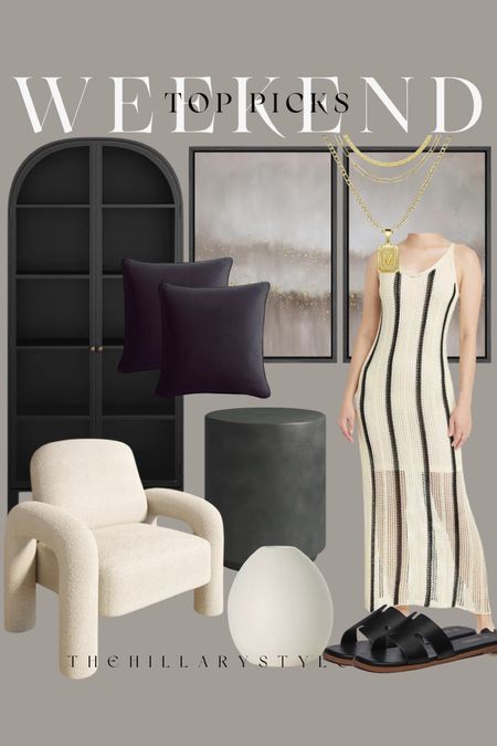 Weekend Top Picks: furniture and fashion from Wayfair target Amazon, Walmart. Arch cabinet, accent chair, side table, throw pillows, wall art, summer dress, vase, sandals, jewelry. 

#LTKhome #LTKSeasonal #LTKstyletip