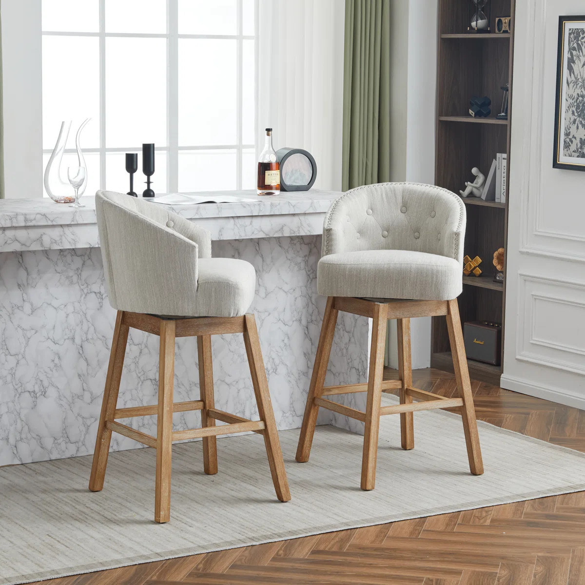 Kian 33.25" Upholstered Solid Rubber Wood Swivel Bar Stools (Set of 2) | Wayfair North America