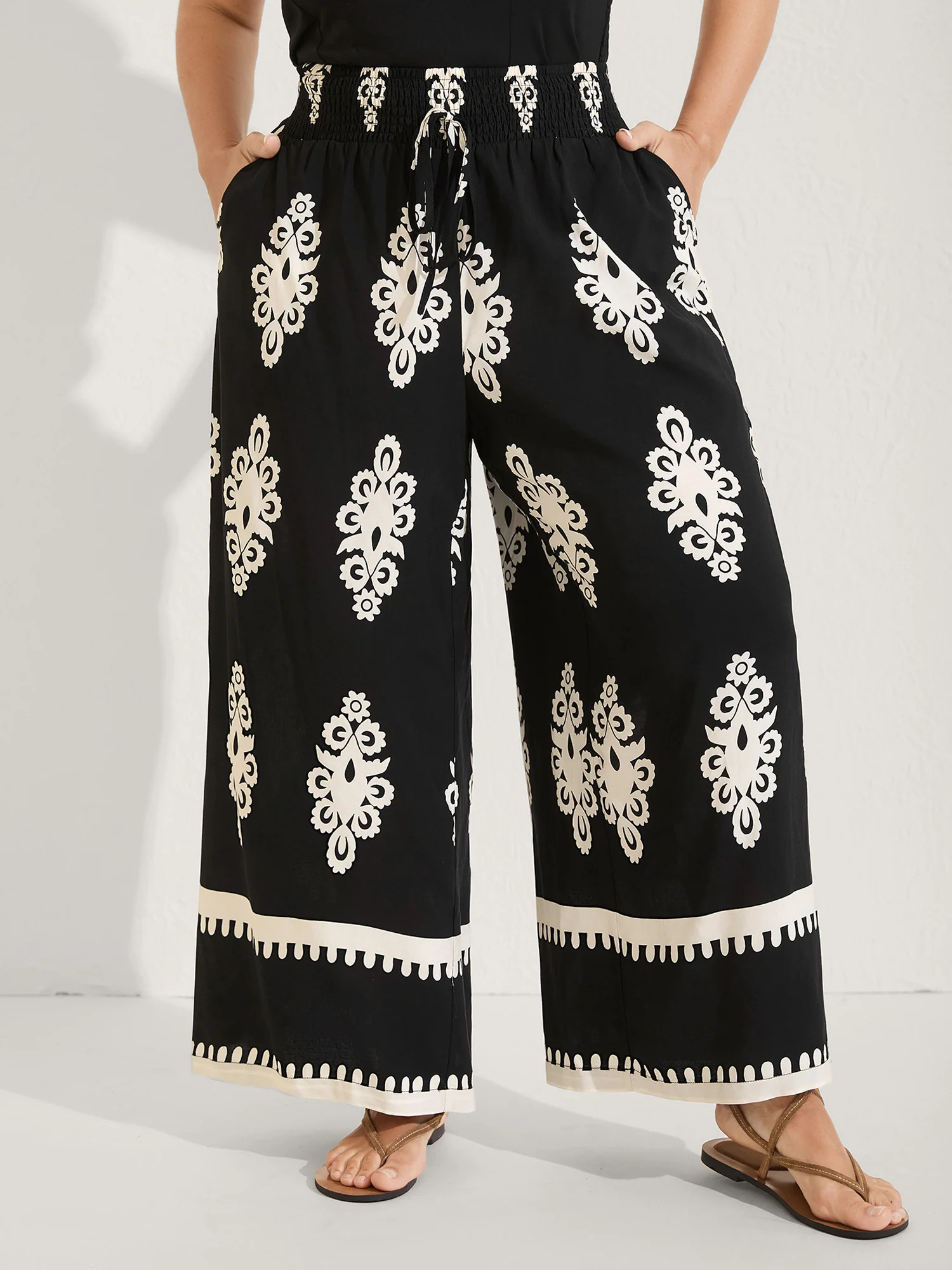 Ornate Print Shirred Wide-Leg Pants | Bloomchic