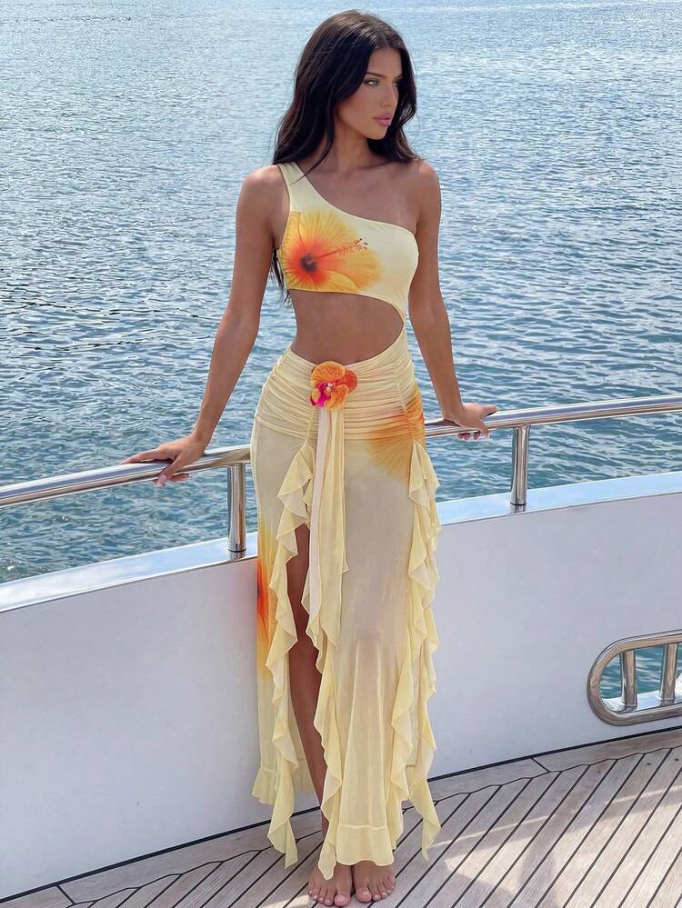 Bonvoyette 2pcs/Set Women's Floral Print Spaghetti Strap One Piece Swimsuit With Asymmetric Mesh Skirt, Sexy & Elegant Summer Vacation Outfit Beach Outfits For Woman Skirt Set Summer Skirt Sets Beach Party Outfits Beach Club Outfit | SHEIN