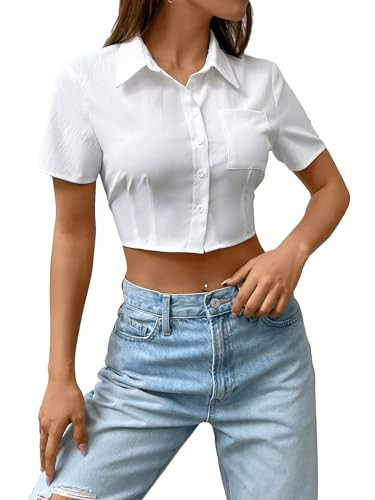SHENHE Women's Short Sleeve Button Up Shirt Casual Collared Cropped Button Down Top White L | Amazon (US)