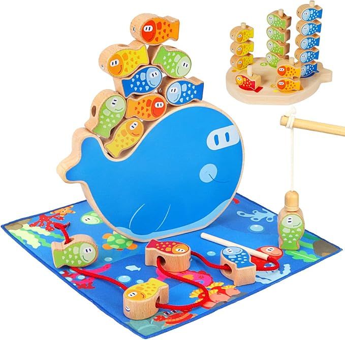 Fishing Game, Aitey 4 in 1 Wooden Magnetic Fishing Toys Montessori Sorting Stacking Fine Motor Sk... | Amazon (US)