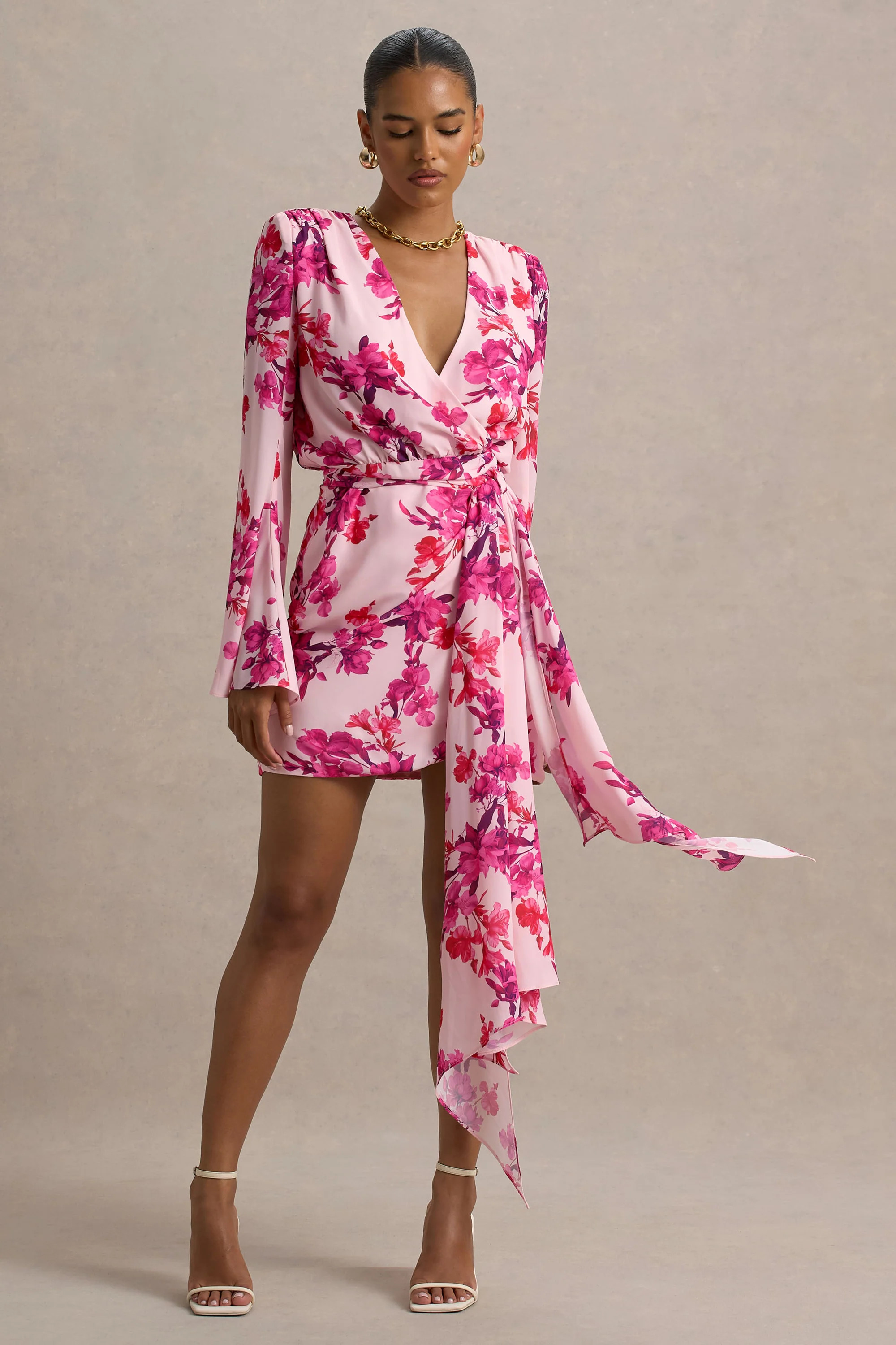 Goldie  Pink Floral Print Chiffon Long-Sleeve Wrap Mini Dress | Club L London