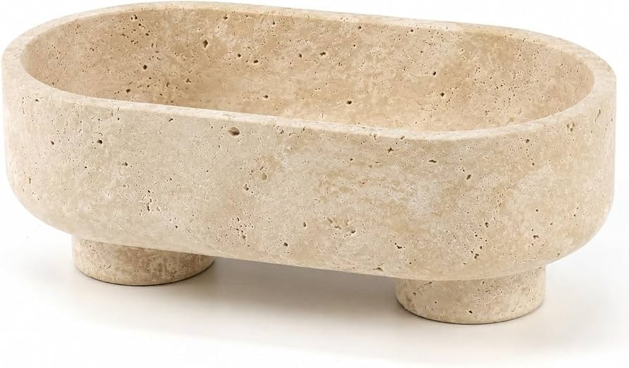 Natural Oval Travertine Stone Fruit Bowl, Two-Legged Decorative Bowl Beige | Amazon (US)