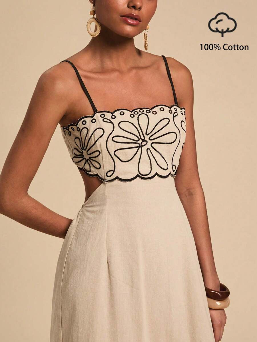 Travachic Vacation Casual Embroidery Front & Waist Cut-Out A-Line Mid-Length Slip Dress For Women... | SHEIN