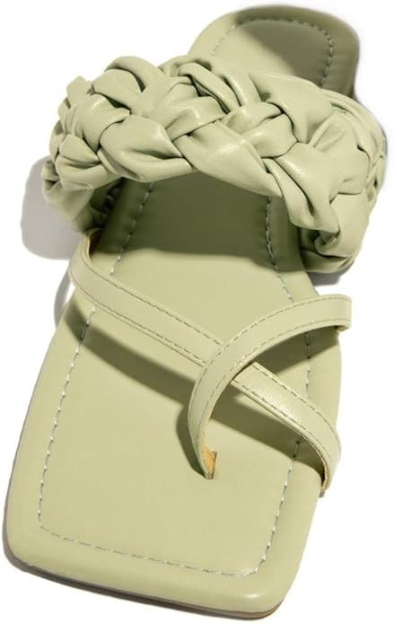 Coonek Braided Sandals For Women Flat Square Toe Loop Single Band Slides Slippers Slip On Casual ... | Amazon (US)