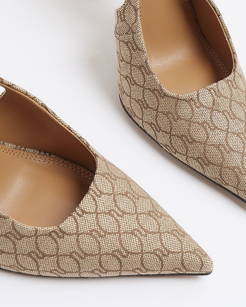 Beige monogram sling back heeled court shoes | River Island (UK & IE)