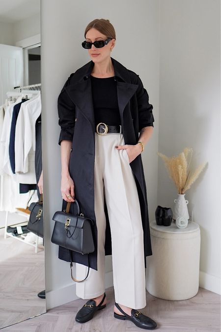 Black trench coat outfit - workwear outfit idea styling wide leg trousers and Gucci loafers #smartcasual #workwear #trenchcoat #minimalstyle 

#LTKFind #LTKshoecrush #LTKSeasonal