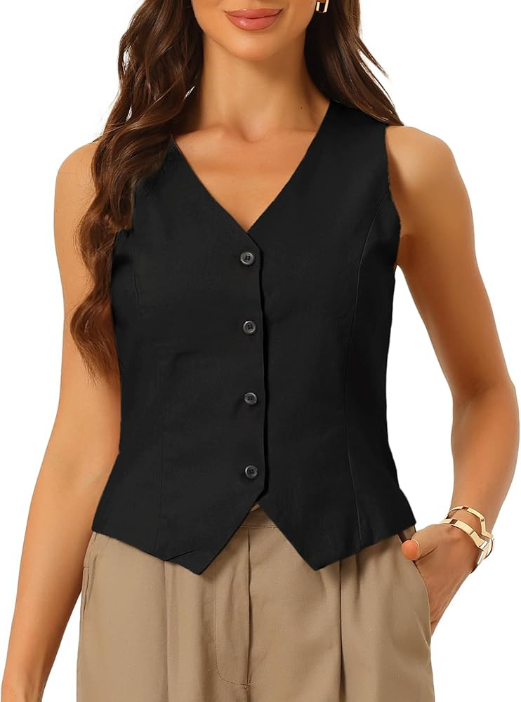 Allegra K Vest Tops for Women Summer Cotton Linen Sleeveless Button Down V Neck Fully Lined Waist... | Amazon (US)