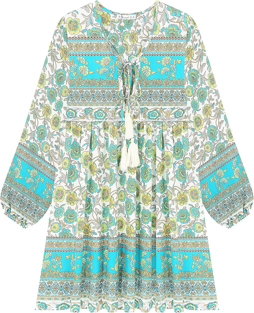 R.Vivimos Womens Long Sleeve Floral Casual Print Cotton Mini Tunic Dress | Amazon (US)