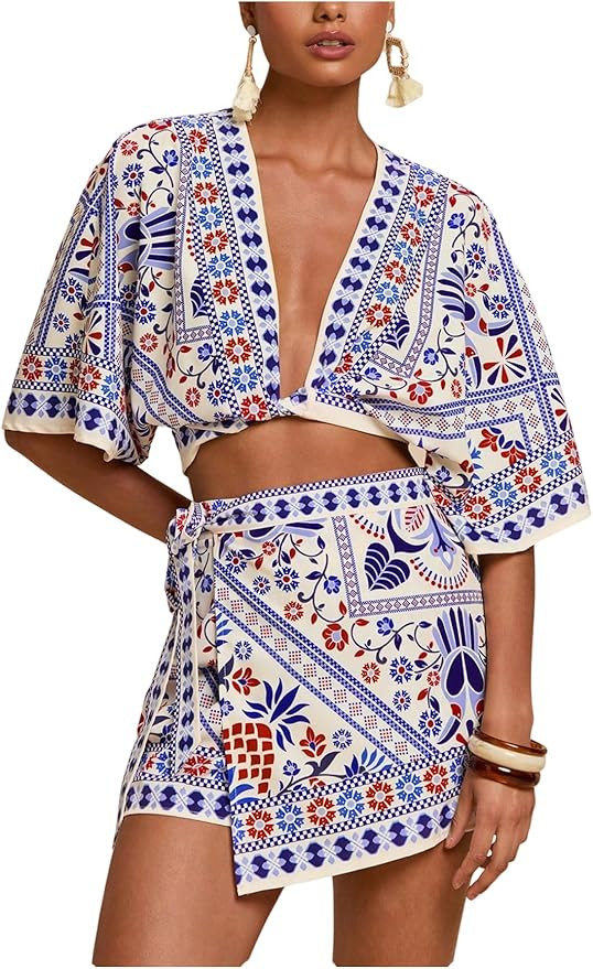 RoseSeek Women's 2 Piece Outfits Half Sleeve Crop Blouses and Wrap Skirts Set Boho Beach Vacation... | Amazon (US)