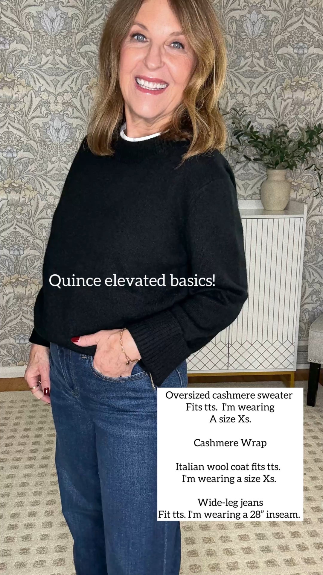 Quince elevated basics to wear this season and give as gifts! 

Oversized cashmere sweater 
Fits tts.  I'm wearing size XS.

Cashmere Wrap - so warm, chic, and comfortable. 

Italian wool coat fits tts.  
I'm wearing a size XS. 

Wide-leg jeans
Fit tts. I'm wearing a 28” inseam. 

Add a cashmere comb! It removes pills beautifully.  Last year I bought 13 combs to give as gifts! 

@onequince
#quincepartner

#LTKHoliday #LTKGiftGuide #LTKOver40