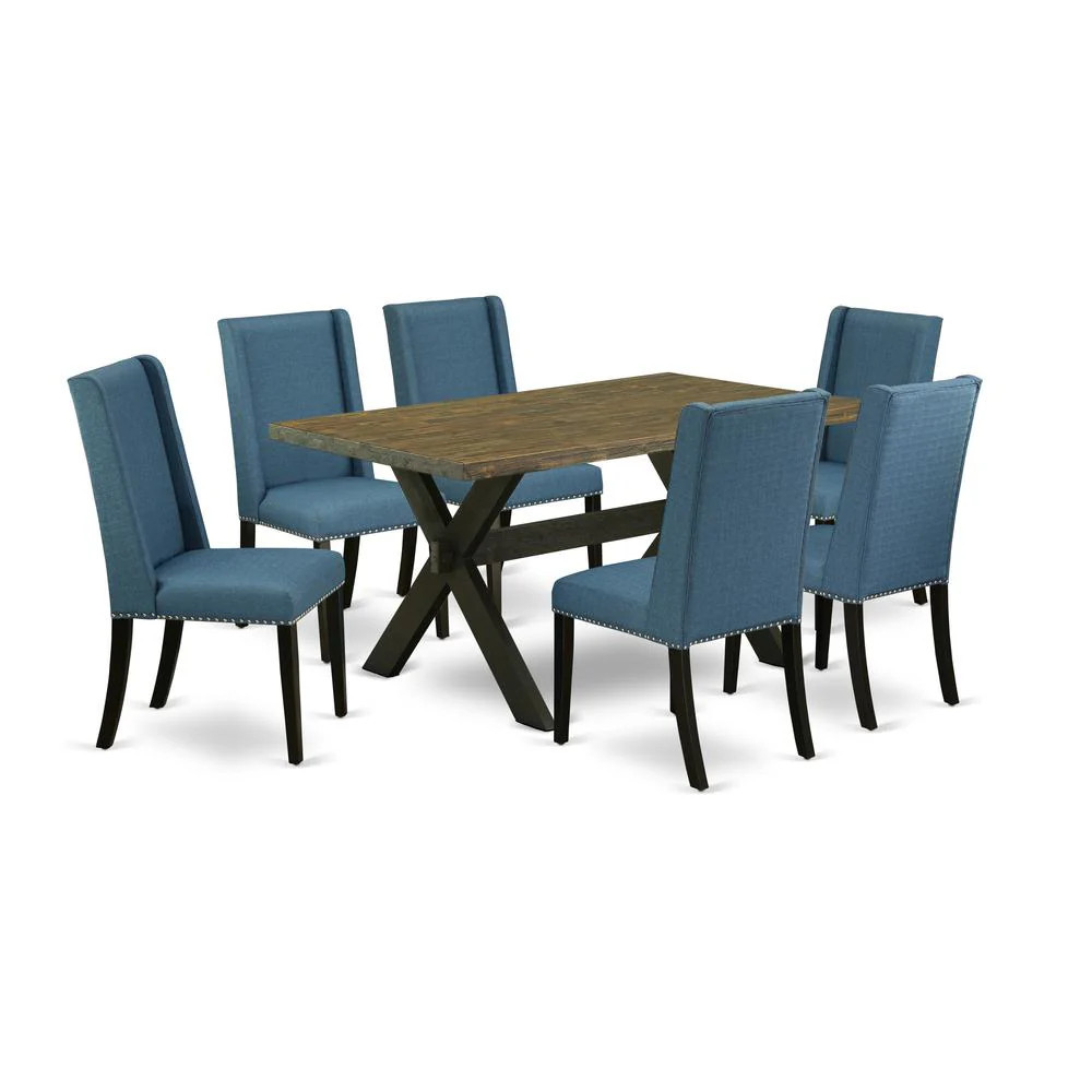 7-Piece Beautiful an Excellent Distressed Jacobean Rectangular Dining Table Top and 6 Amazing Linen Fabric Dining Chairs | Shop Simon