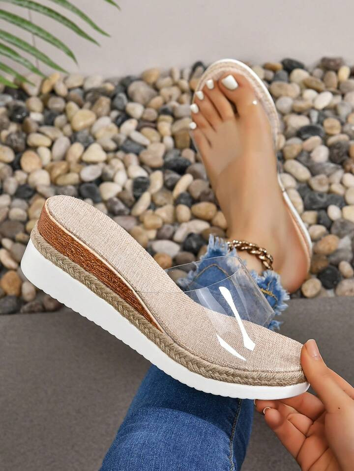 Women's Wedge Heel Rope Bottom Peep-Toe Wedge Thick Bottom Clear Strap Slides, Transparent Casual... | SHEIN
