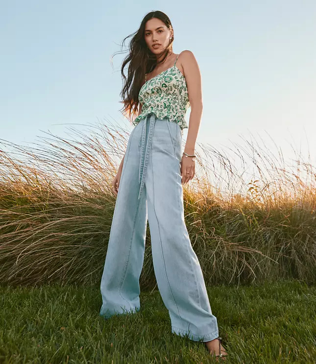 Tie Waist High Rise Palazzo Jeans in Light Wash | LOFT
