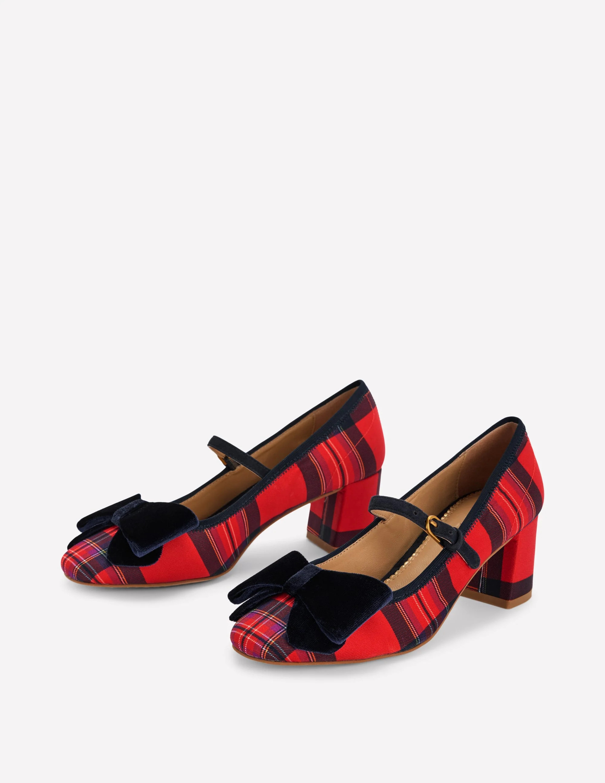 Embellished Bow Block Heels-Red Tartan | Boden (US)