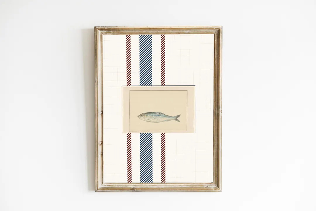 east coast grandmillennial decor, blue striped sardine coastal cottage print, coastal granddaught... | Etsy (US)