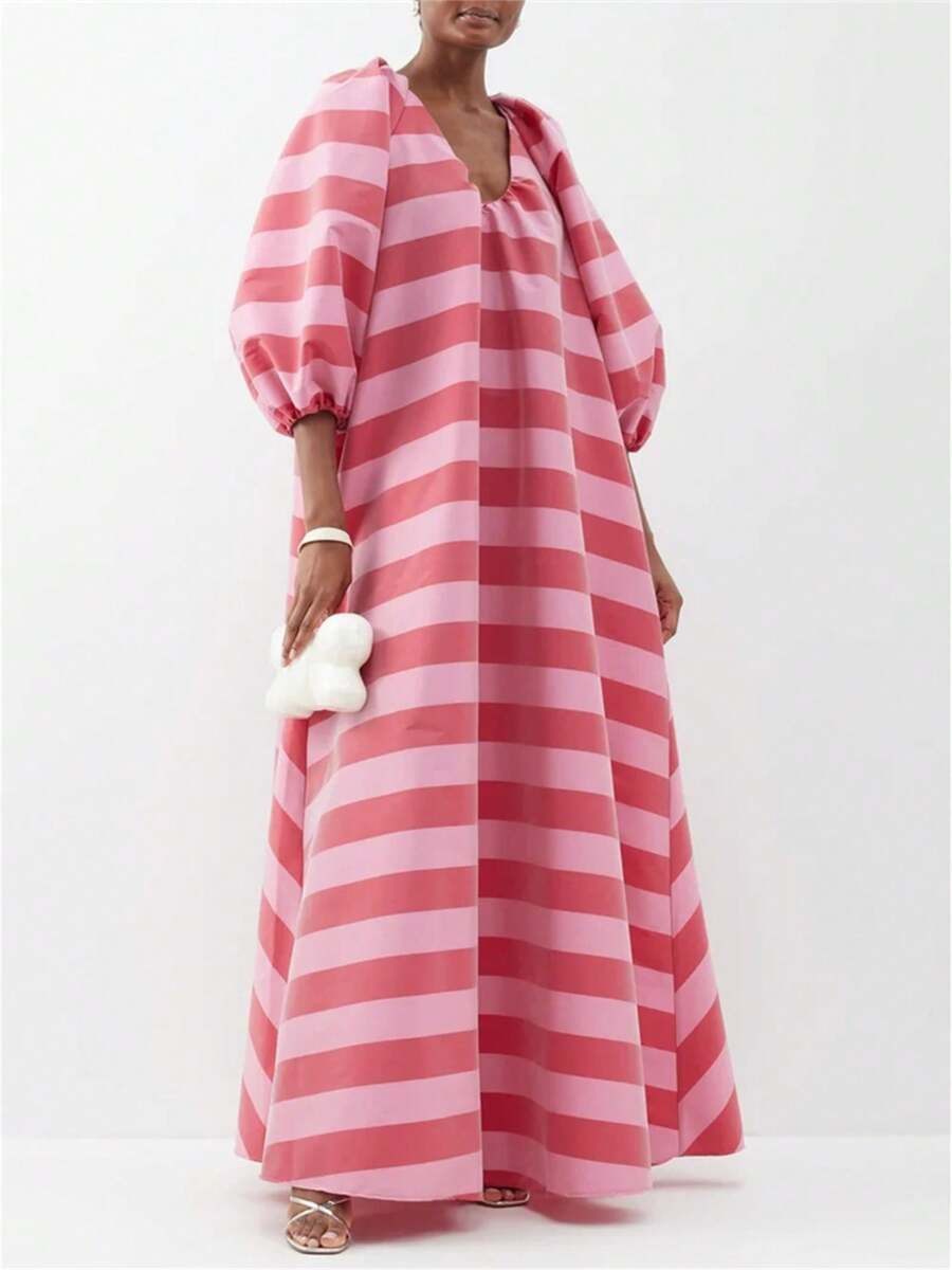Romantic Striped Maxi Dress For Women - Plunging V-Neck With Three-Quarter Bell Sleeves, Loose Fi... | SHEIN